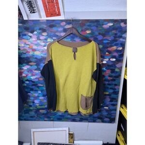 Artistic Colorblock Ribbed Sweater Lime Green Tan Black Boho Patch Pocket Top